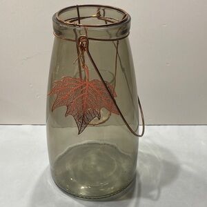 Tall Large smoky Glass votive lantern rose gold accent leaf and wired handle